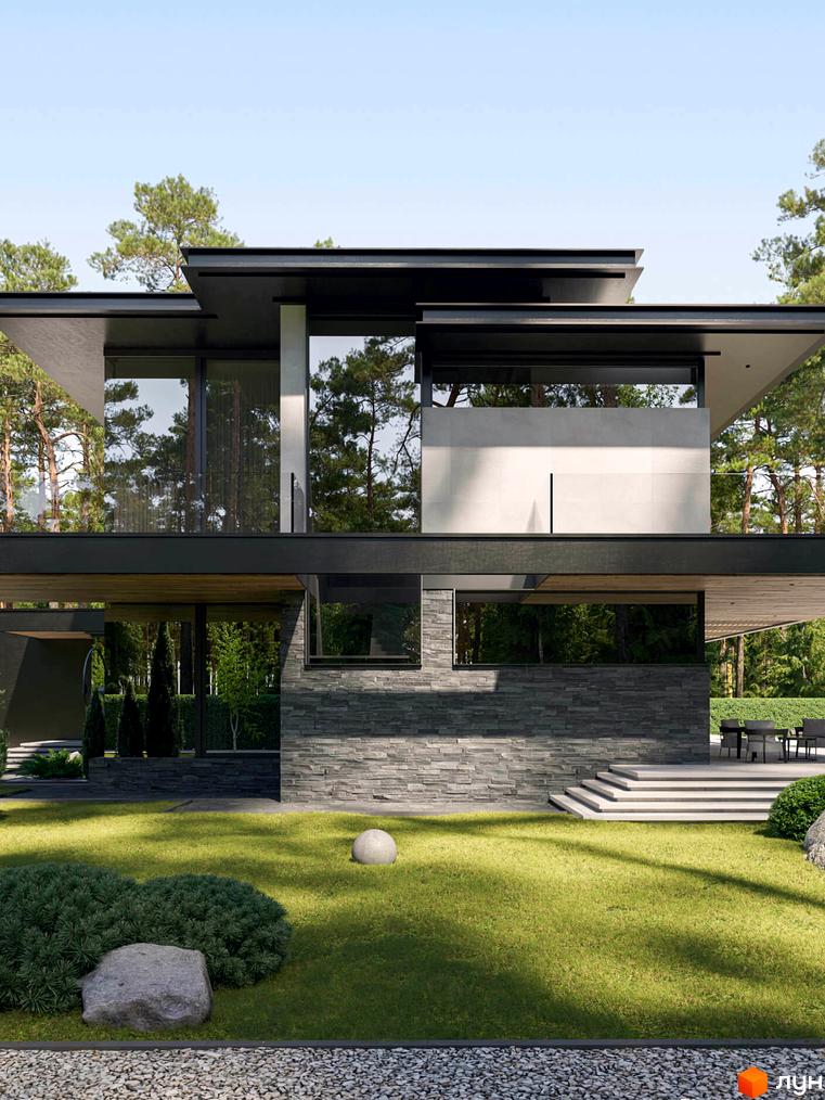 Зображення будинку в Котеджному містечку Miracle Residence з великими вікнами та озелененою територією.