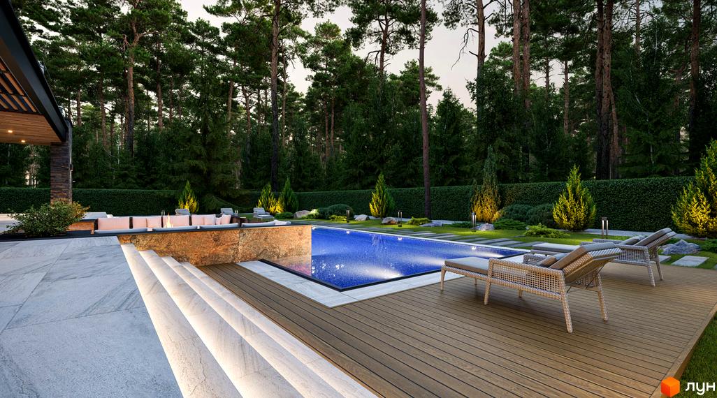 Зображення басейну та зони відпочинку Котеджного містечка Miracle Residence. Навколо басейну зелені насадження та дерева.