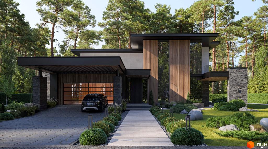 Зображення будинку в Котеджному містечку Miracle Residence. Навколо будинку зелена галявина з декоративними кущами та деревами.