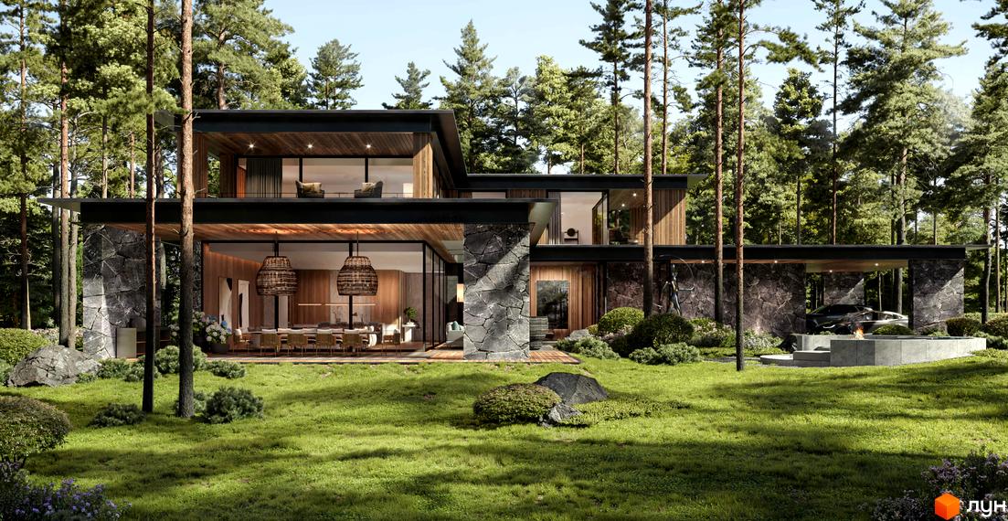 Зображення фасаду та прибудинкової території Котеджного містечка Miracle Residence. Двоповерховий будинок з великими вікнами та газоном.