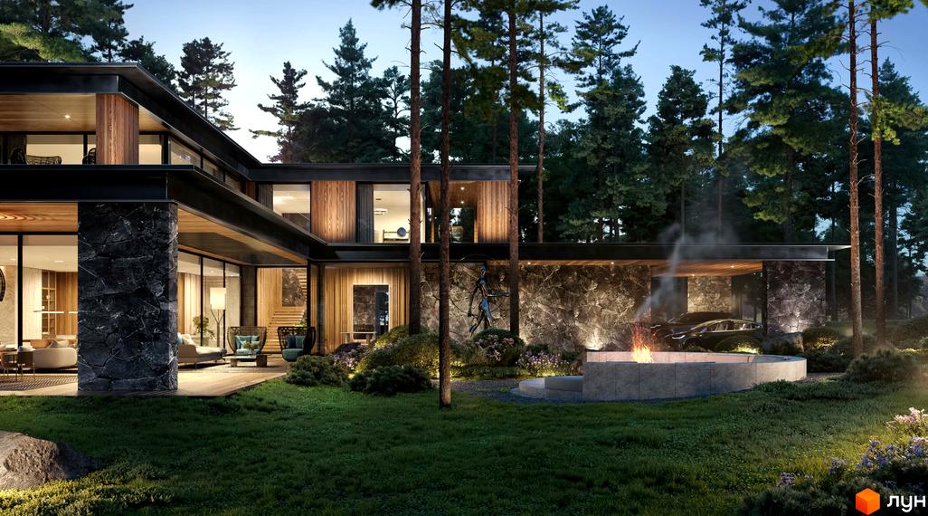 Зображення будинку в Котеджному містечку Miracle Residence з великими вікнами та кам'яним оздобленням. На подвір'ї зелений газон та місце для вогнища.