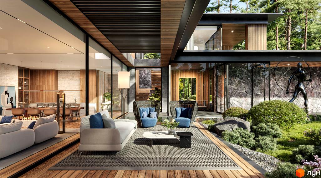 Зображення екстер'єру Котеджного містечка Miracle Residence з великими вікнами та ландшафтним дизайном. На території ростуть дерева та кущі.