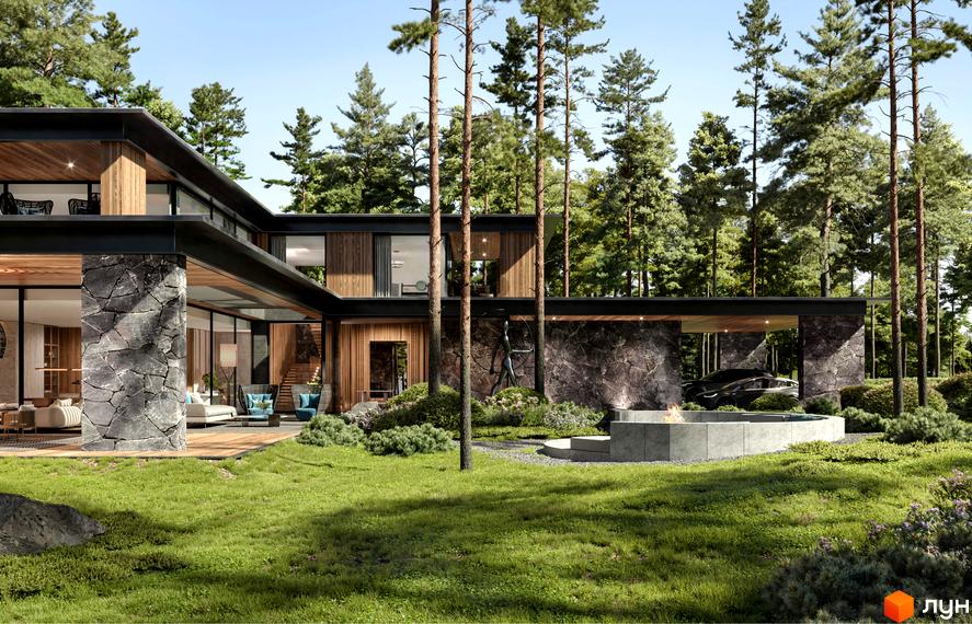 Котеджне містечко Miracle Residence: будинок з панорамними вікнами, дерев'яним оздобленням та кам'яними елементами. Навколо будинку зелений газон, сосни та облаштована територія з місцем для відпочинку.