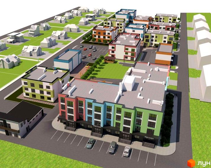 Житловий комплекс Стайл Хаус з різнокольоровими фасадами та паркуванням. Навколо комплексу зелена зона та сусідні будинки.