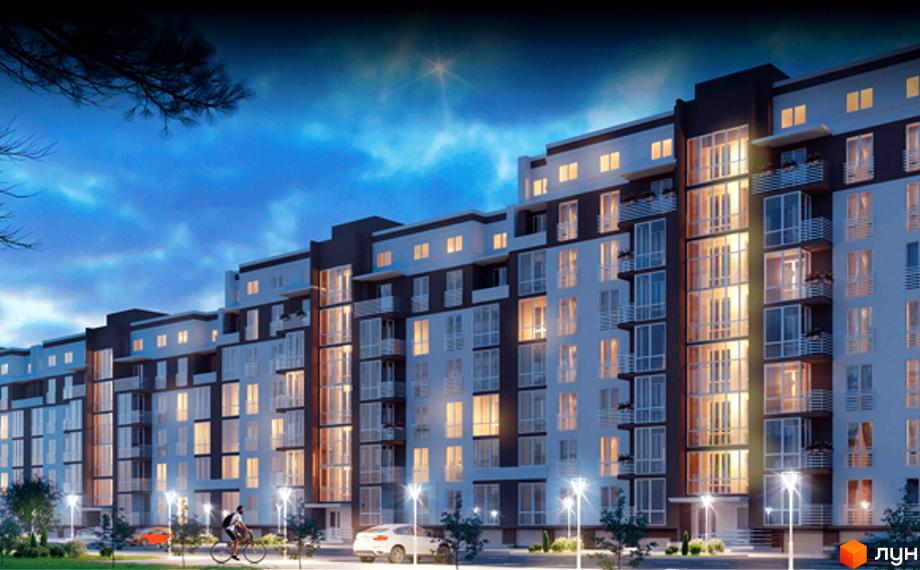 Житловий комплекс Родинний: сучасна архітектура новобудови з панорамними вікнами та балконами. Прибудинкова територія з освітленням та зеленими насадженнями.