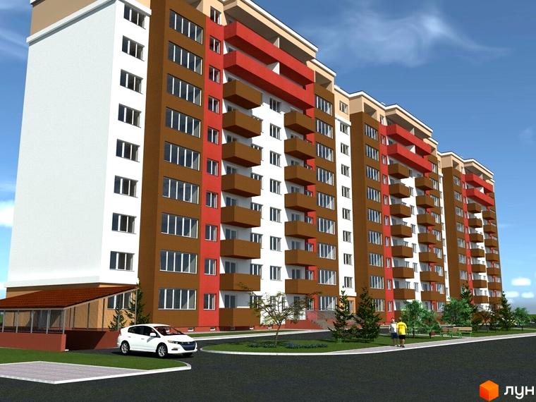 Висотна будівля Житловий комплекс Співдружність 10 з балконами та панорамними вікнами. На прибудинковій території є дерева, газон та парковка для авто.