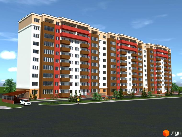 Зовнішній вигляд житлового комплексу Співдружність 10 з коричневими та червоними фасадами, білими вставками, балконами та прибудинковою територією з деревами та автомобілем.