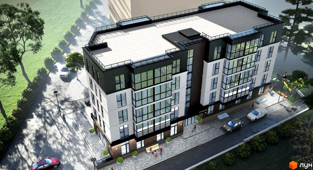 Житловий комплекс Галицький: багатоповерхова будівля з білим та темним фасадом, великими вікнами. Прибудинкова територія має вимощені доріжки, зелені насадження та дитячий майданчик.