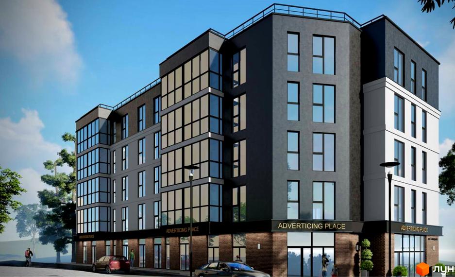 ЖК Галицький: будинок з темно-сірим, білим фасадом та комерційними площами. Навколо дорога і дерева.