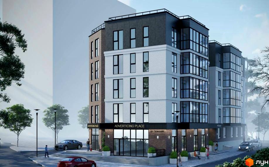 Зображення фасаду Новобудови Галицький з великими вікнами та вивіскою ADVERTISING PLACE. Навколо будинку тротуар та дерева.