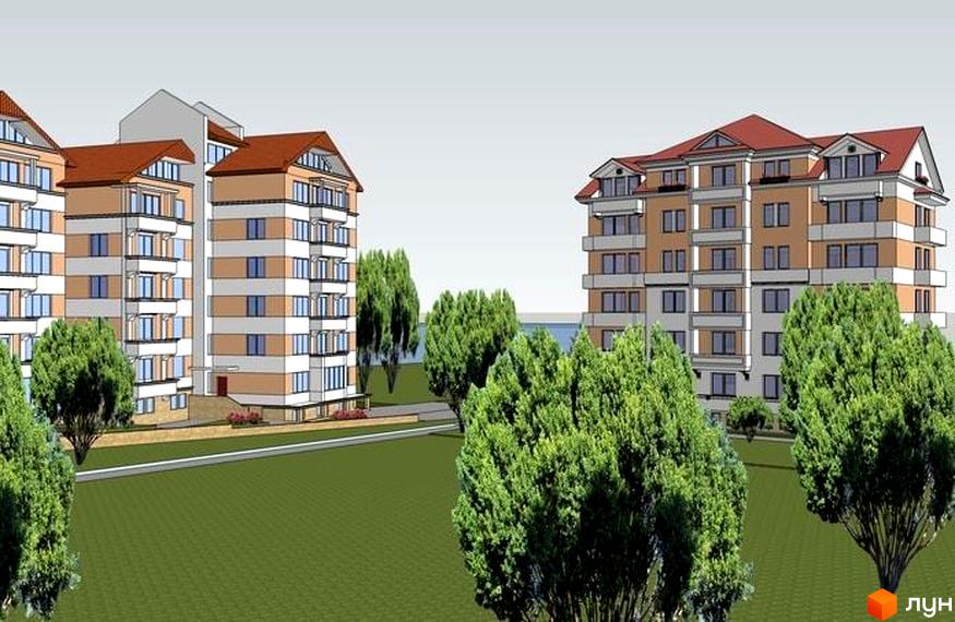 Зовнішній вигляд житлового комплексу Морський з багатоповерховими будинками та зеленими деревами на прибудинковій території. Фото новобудови.