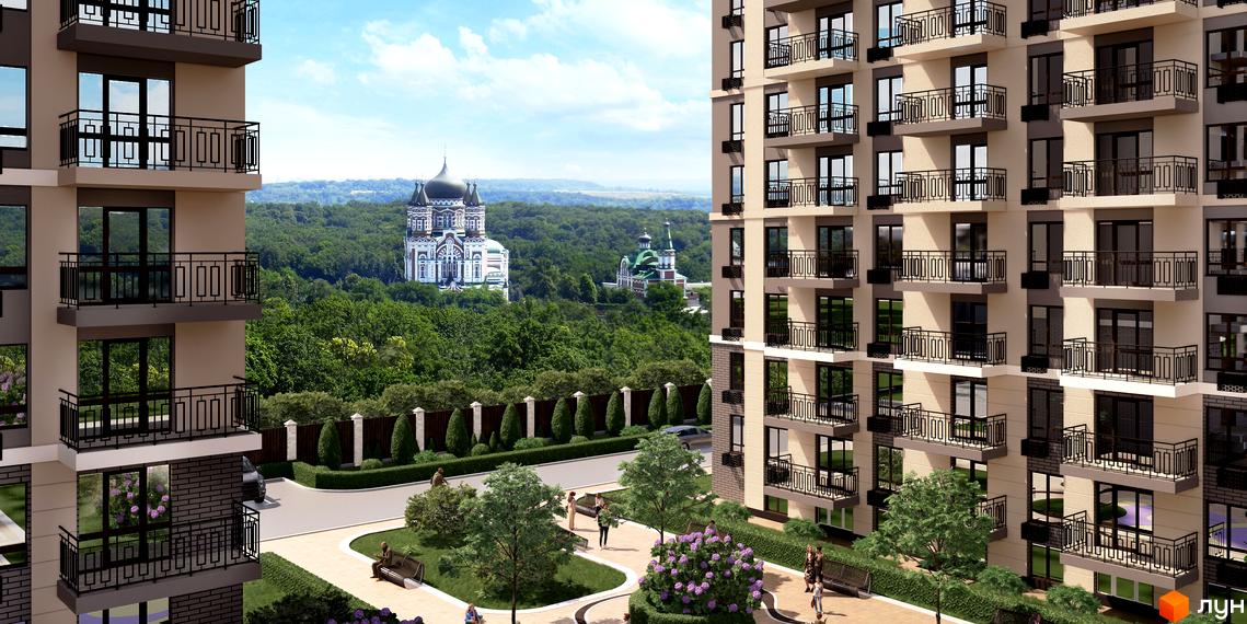 Сучасний будинок житлового комплексу Кришталеві джерела з балконами. Прибудинкова територія з зеленими насадженнями та пішохідними доріжками.