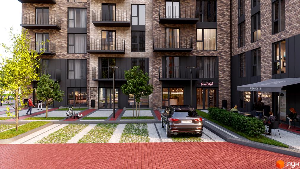 Зовнішній вигляд новобудови ЖК Квартал Віденський з цегляним фасадом та балконами. Прибудинкова територія з парковкою, деревами та пішохідними доріжками.