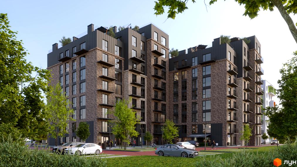 Житловий комплекс Квартал Віденський з цегляним фасадом та балконами. Навколо комплексу зелена територія з деревами та припаркованими автомобілями.