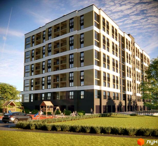 Висотна будівля ЖК Агора з великими вікнами та балконами. На прибудинковій території дитячий майданчик та зелені насадження.