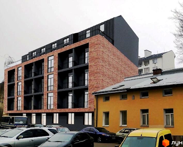 Зображення Житлового комплексу Будинок на Міхновських: багатоповерховий будинок з балконами та автомобілями на парковці перед ним.