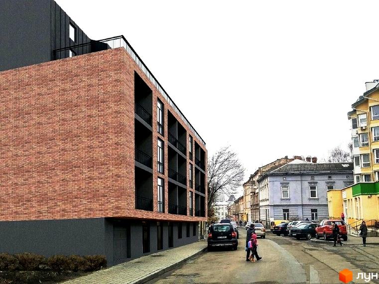 Зовнішній вигляд новобудови Будинок на Міхновських з цегляним фасадом та балконами. Навколо будівлі розташована вулиця з припаркованими автомобілями та пішохідною зоною.