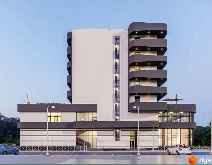 Зображення фасаду Житлового комплексу San Marco з балконами. На передньому плані парковка з автомобілями.