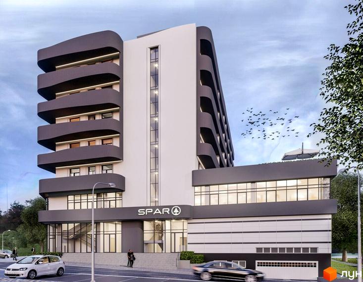 Зображення фасаду Житлового комплексу San Marco з балконами та панорамними вікнами. На передньому плані дорога з автомобілями.