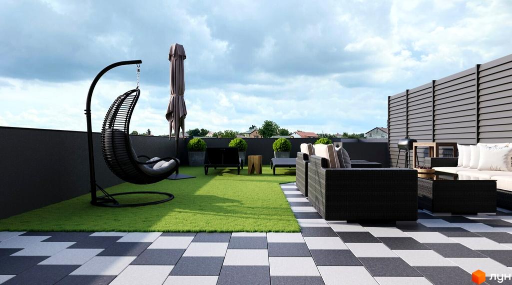 Зображення тераси на даху в Житловому комплексі San Marco. На терасі розташовані меблі для відпочинку та зелена галявина.