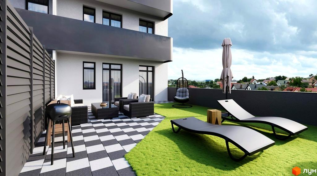 Зображення тераси на даху Житлового комплексу San Marco з плетеними меблями, шезлонгами та грилем. Вигляд на місто з висоти.