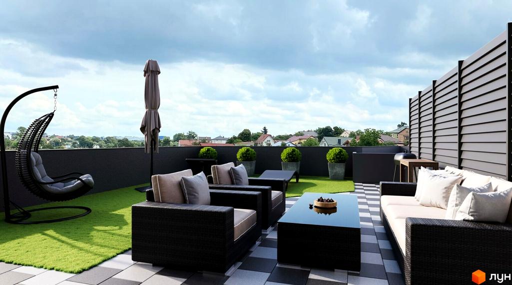 Вигляд тераси на даху Будівельного проєкту San Marco з плетеними меблями та видом на місто. На підлозі плитка та штучний газон.