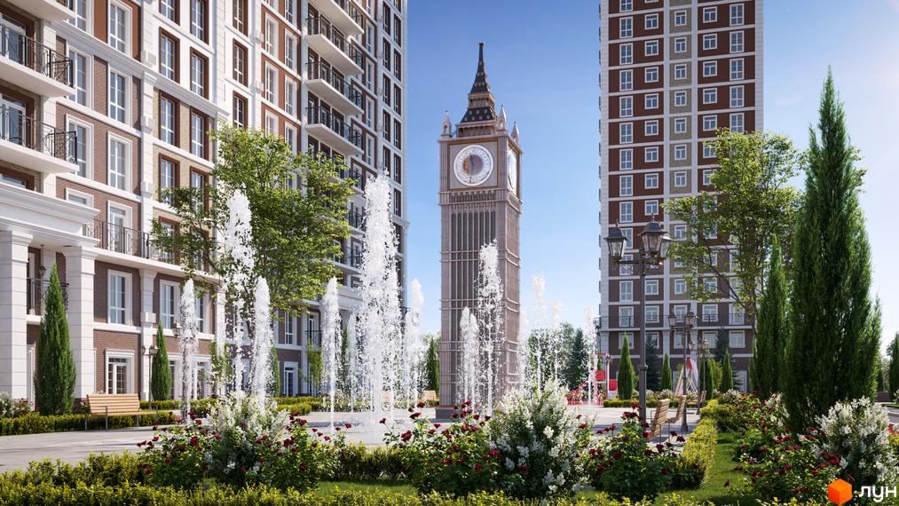 Зображення Житлового комплексу Нова Англія з вежею з годинником. На передньому плані фонтан, зелені насадження та будівлі.