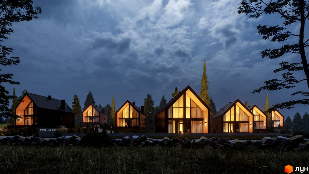 Затишні будинки Besora Hillhouse з панорамними вікнами та дерев'яним оздобленням фасаду, розташовані серед лісу та зелених насаджень.