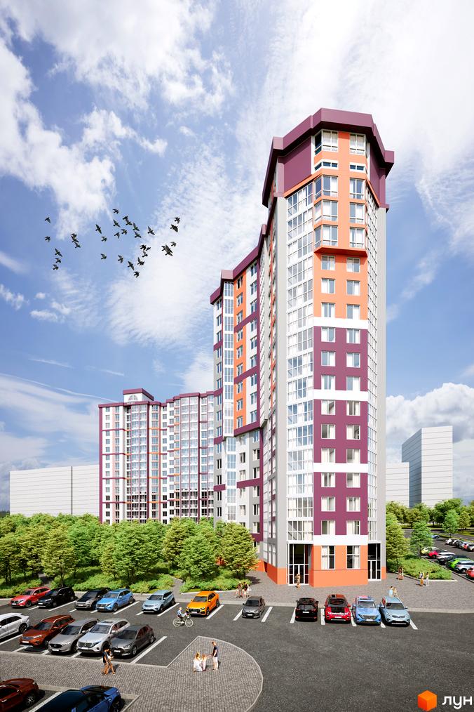 Житловий комплекс Варшавський мікрорайон з яскравим фасадом та прибудинковою територією з деревами та автомобілями. Зовнішній вигляд будинку та парковка.