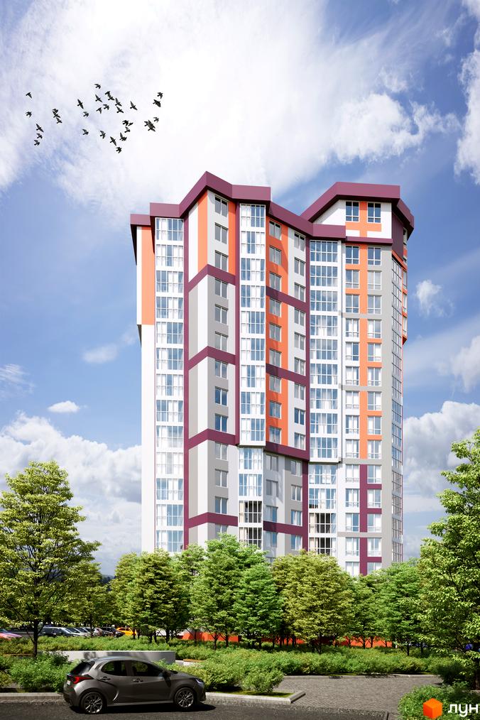 Житловий комплекс Варшавський мікрорайон: багатоповерховий будинок з оранжевими та бордовими елементами фасаду, вікна з білими рамами. Навколо будинку зелені дерева та кущі, на передньому плані сірий автомобіль.