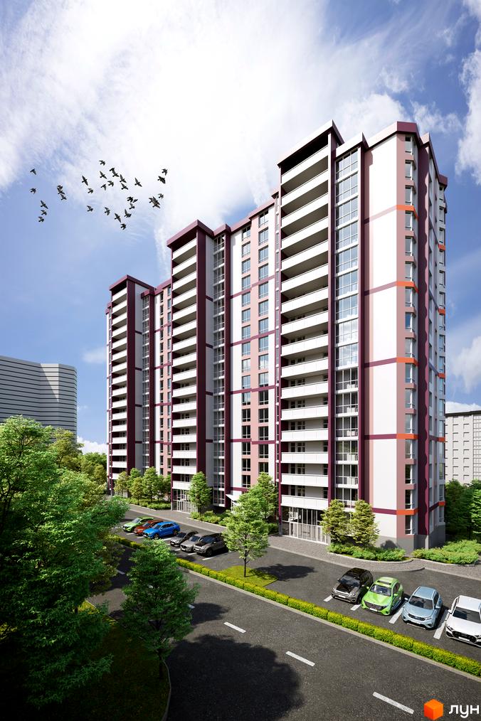 Житловий комплекс Варшавський мікрорайон: висотні будинки з білими та бордовими фасадами, балконами, парковкою та зеленими деревами.