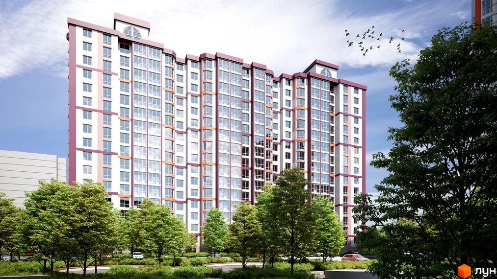 Зовнішній вигляд житлового комплексу Варшавський мікрорайон з біло-рожевими фасадами та великою кількістю вікон. Навколо комплексу зелені дерева та кущі.