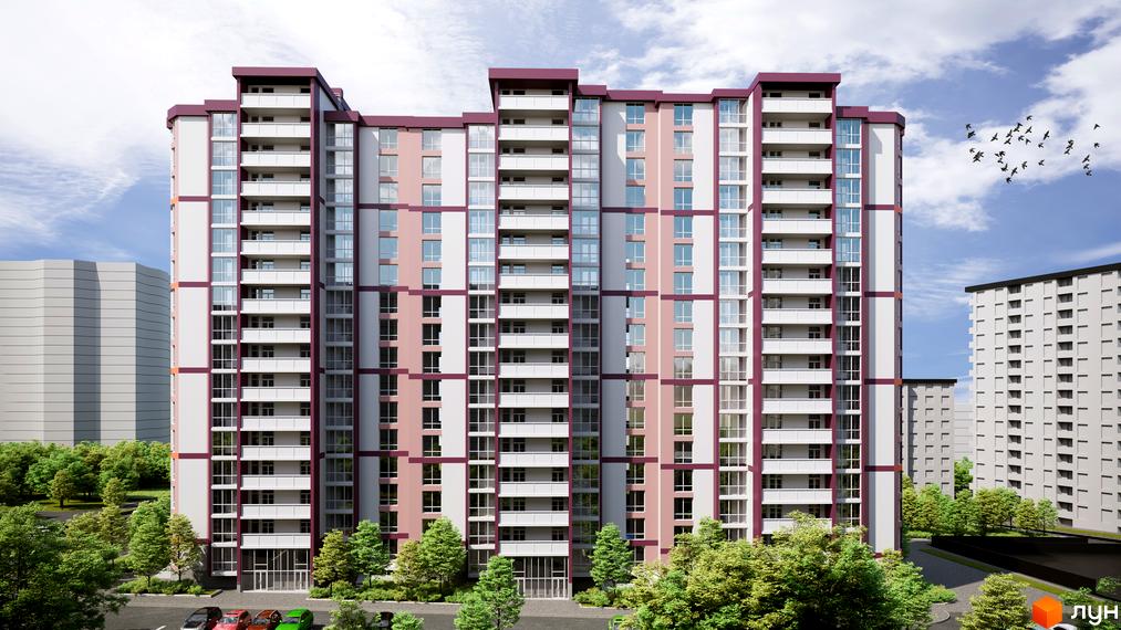 Зовнішній вигляд багатоповерхового будинку ЖК Варшавський мікрорайон в рожево-білих тонах з бордовими елементами. Навколо будинку зелені насадження та парковка з автомобілями.