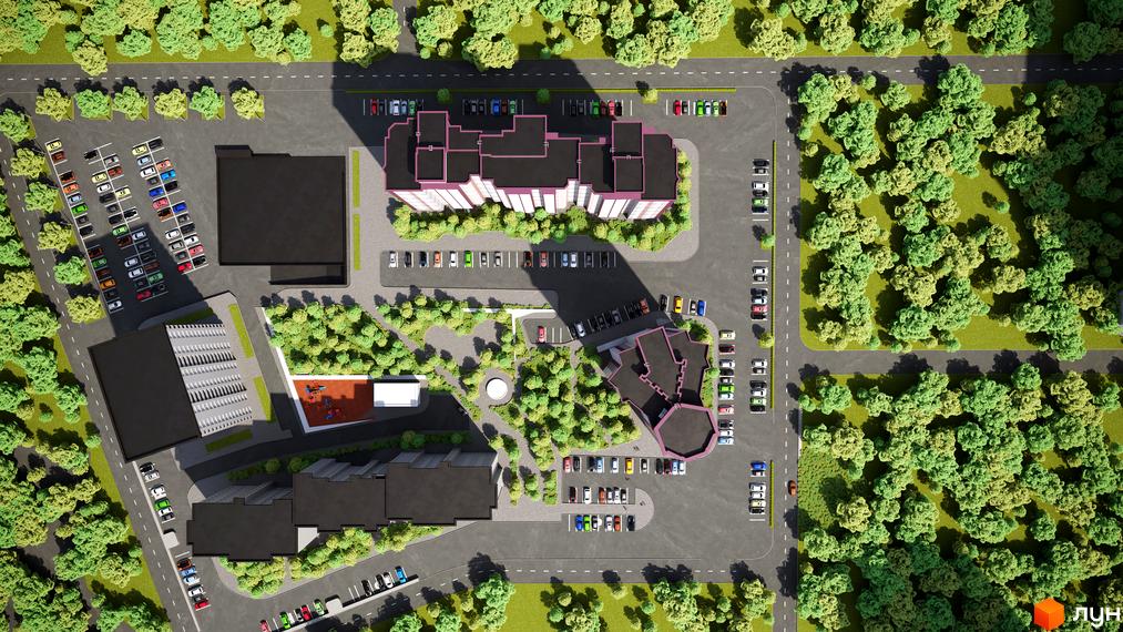 Житловий комплекс Варшавський мікрорайон з рожевими дахами та парковкою. Навколо комплексу зелені дерева та облаштована прибудинкова територія.