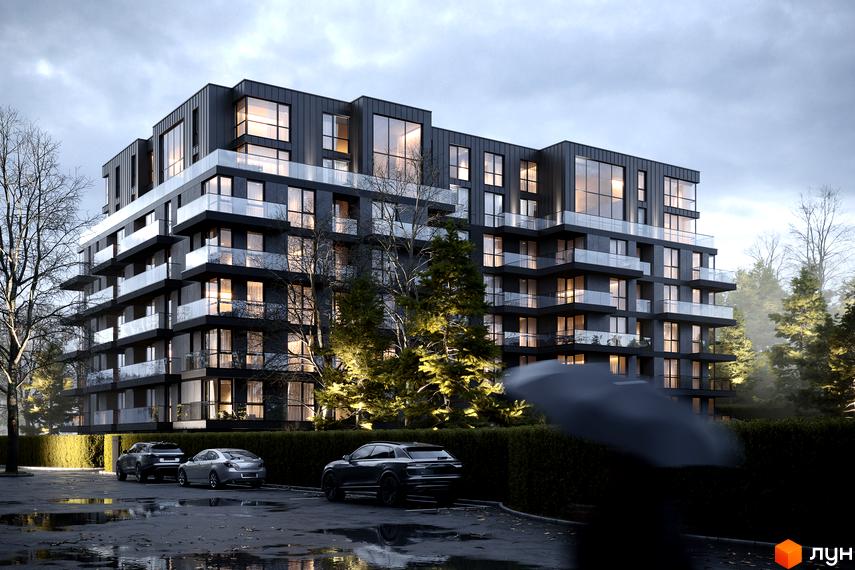 Житловий комплекс Avalon Prime з темним фасадом, скляними балконами та великими вікнами. Навколо будівлі розташовані дерева та парковка з автомобілями.