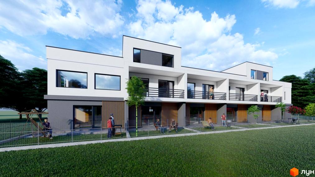 Таунхауси на вул. Котирла, 34 з білими фасадами, балконами та прибудинковою територією з газоном і дитячим майданчиком.