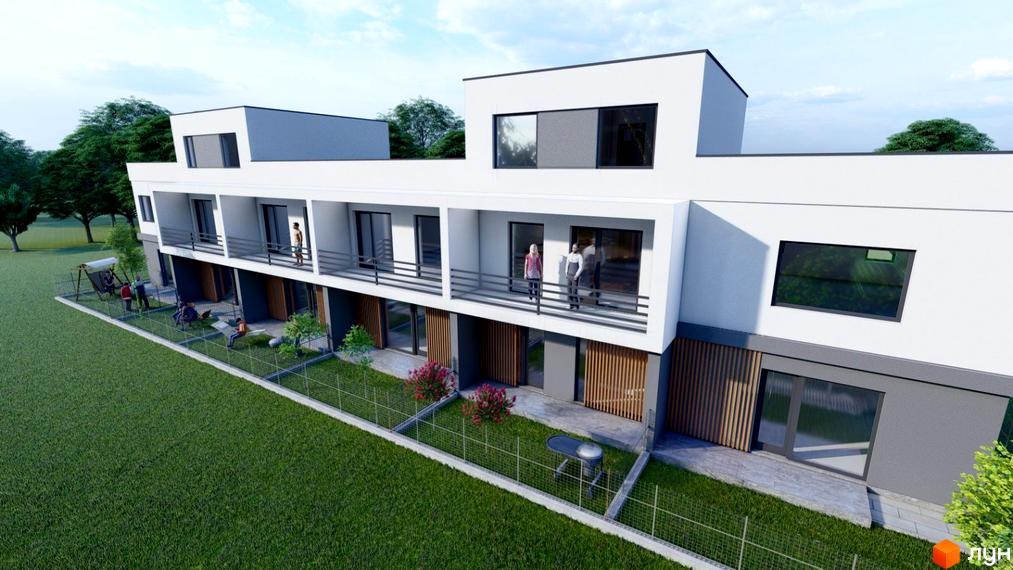 Зображення Житлового комплексу на вулиці Котирла, 34. Вигляд будинку з балконами та прибудинковою територією з газоном.