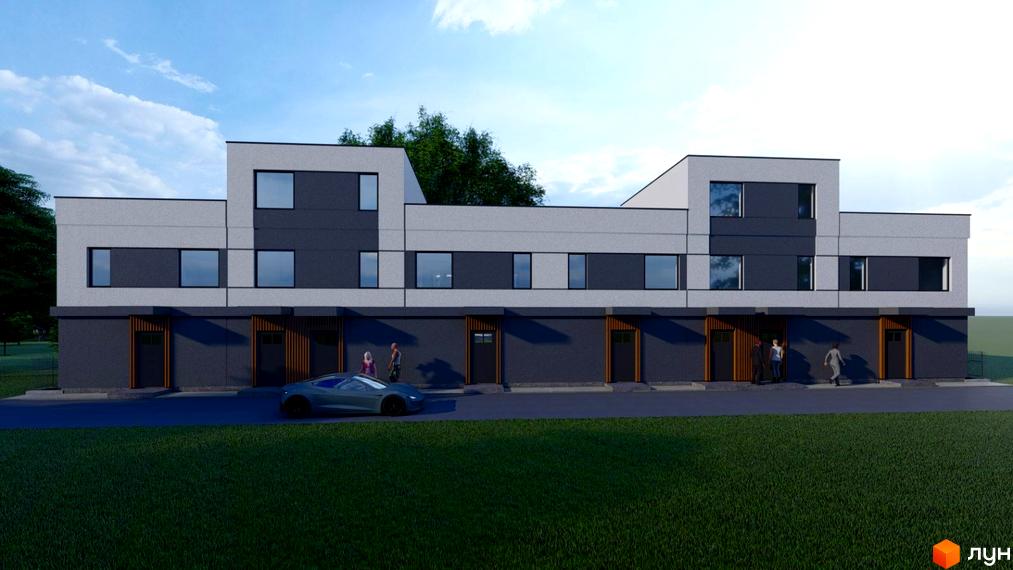 Житловий комплекс на вул. Котирла, 34: ряд сірих таунхаусів з темними акцентами та прямокутними вікнами. Перед будинками зелений газон та дорога.