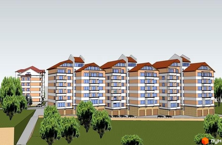 Житловий комплекс Морський: фасади будівель з коричневим дахом та блакитними вікнами, зелені дерева та доглянута територія.