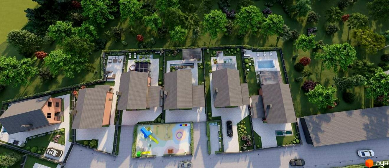 Котеджне містечко Новий Хутір: вид зверху на будинки з сірими дахами, басейнами та дитячим майданчиком.