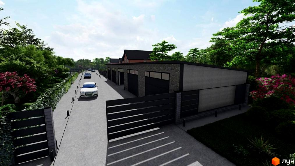 Зображення Котеджного містечка Новий Хутір: фасади будинків з гаражами та прибудинкова територія з зеленими насадженнями.