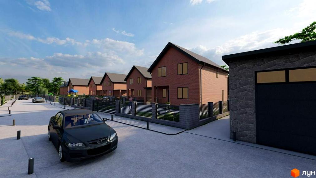 Зображення Котеджного містечка Новий Хутір: двоповерхові цегляні будинки з темними дахами та огородженою територією.