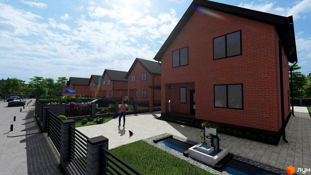 Зображення Котеджного містечка Новий Хутір. Двоповерховий будинок з червоної цегли, перед будинком газон з басейном та фонтаном.