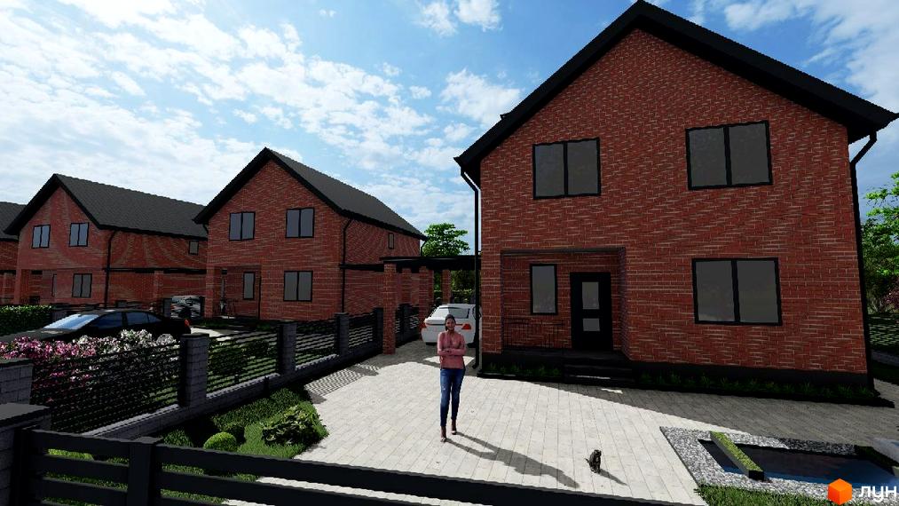 Котеджний комплекс Новий Хутір: двоповерхові будинки з червоної цегли, мощені доріжки, зелені газони та квіткові насадження.