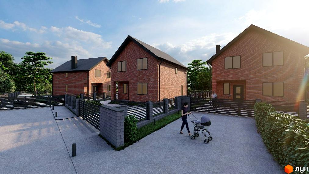 Двоповерхові будинки з червоної цегли та темними дахами в Котеджному містечку Новий Хутір. Прибудинкова територія з вимощеними доріжками та зеленими насадженнями.