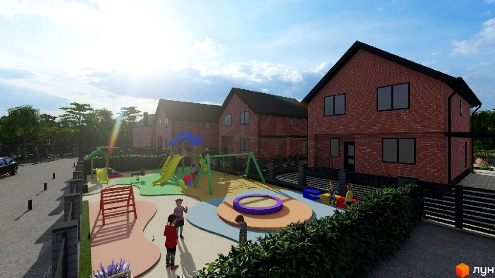 Котеджне містечко Новий Хутір пропонує двоповерхові будинки з червоної цегли та темними дахами. На території розташований дитячий майданчик з гірками та гойдалками.