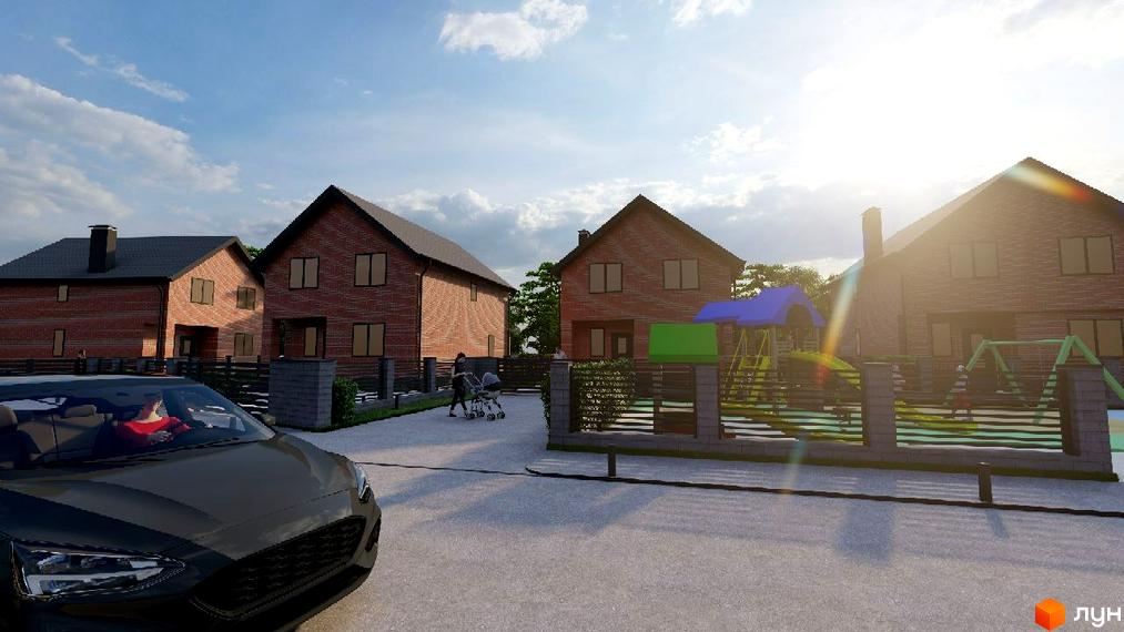 Вигляд Котеджного містечка Новий Хутір з вулиці. Цегляні будинки з темними дахами, огороджені парканом, дитячий майданчик.