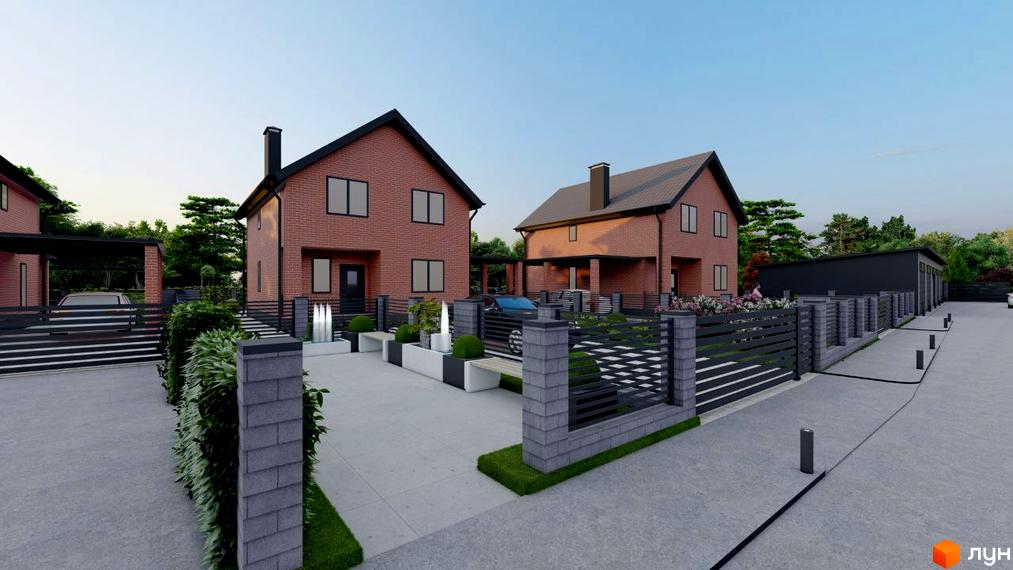 Зображення будинків Котеджного містечка Новий Хутір з червоної цегли. На території є зелені насадження, паркани та тротуарна плитка.