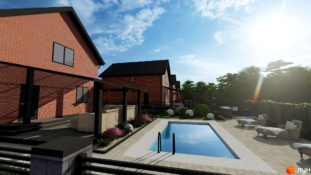 Будинки Котеджного містечка Новий Хутір з червоної цегли та темними дахами. На території є басейн, зона відпочинку з лежаками та озеленення.