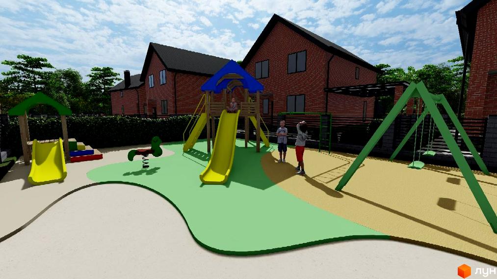 Котеджне містечко Новий Хутір: цегляні будинки з темними дахами та вікнами, поруч дитячий майданчик з гірками та гойдалками.